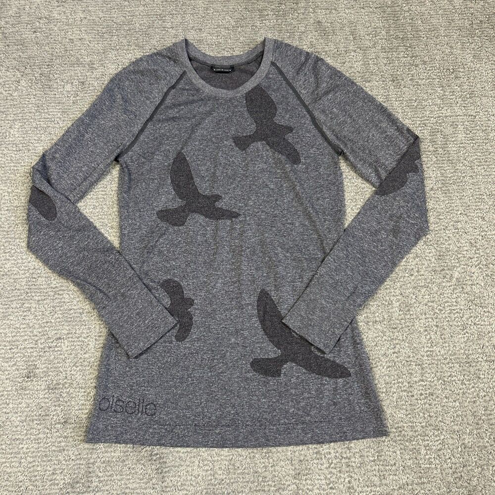 Oiselle Flyte Shirt Womens Medium Gray Birds Thumbholes Athletic Stretch Long